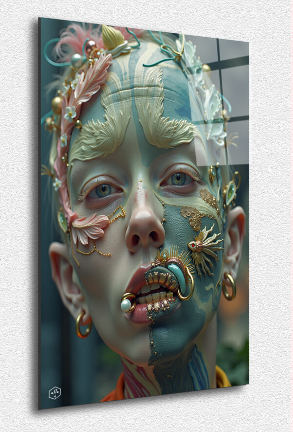 A non-gendered child with golden and blue tattoos, piercing eyes, and delicate feather fragments.