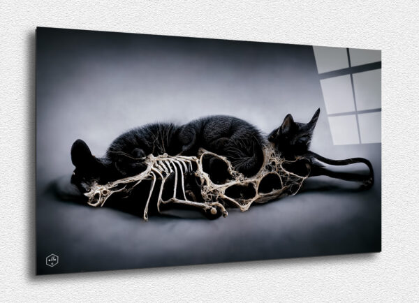 A peaceful, decomposing cat in harmony with its skeleton.