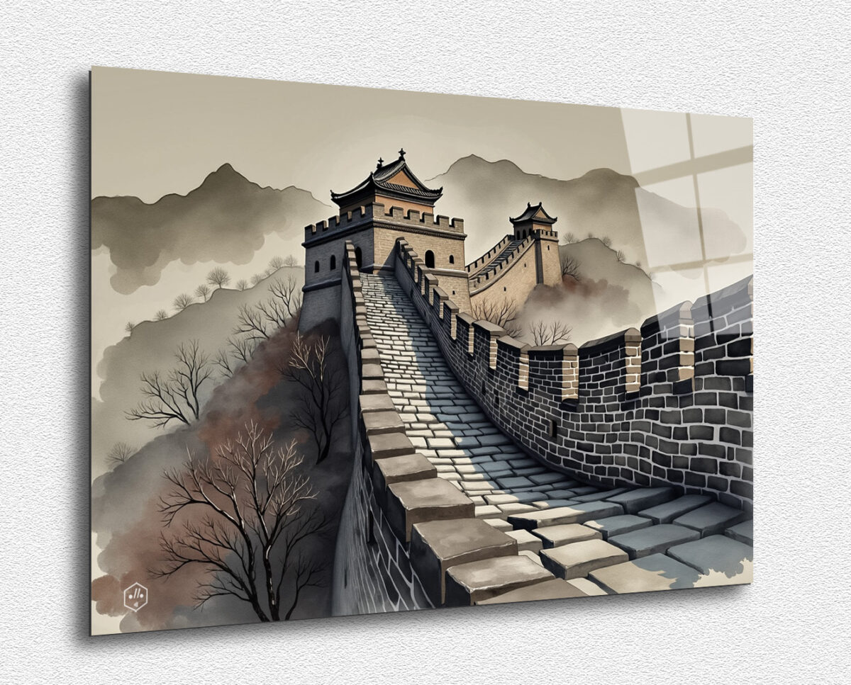 A detailed ink painting of the Great Wall of China, capturing its grandeur and historical significance.