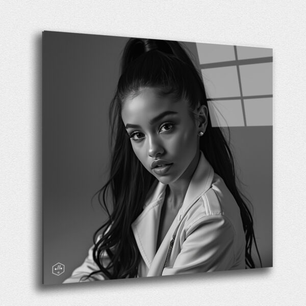A refined yet playful portrait of Ariana Grande, blending youthful charm with classic elegance.