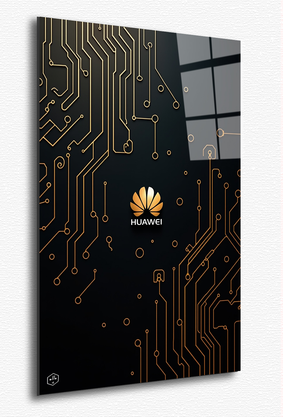 A minimalist composition of golden circuits flowing like rivers, with the Huawei logo subtly integrated as the source