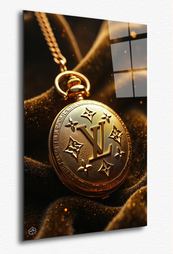 A golden pocket watch engraved with the Louis Vuitton monogram drips like melting metal, reflecting the idea that luxury is timeless yet always evolving.