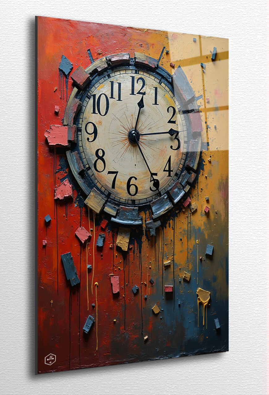 A clock shattered, its fragments floating across a void of color.