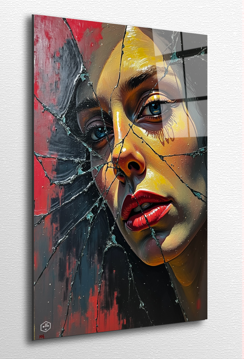 A portrait skewed through cracked glass—identity shattered, colors bleeding.