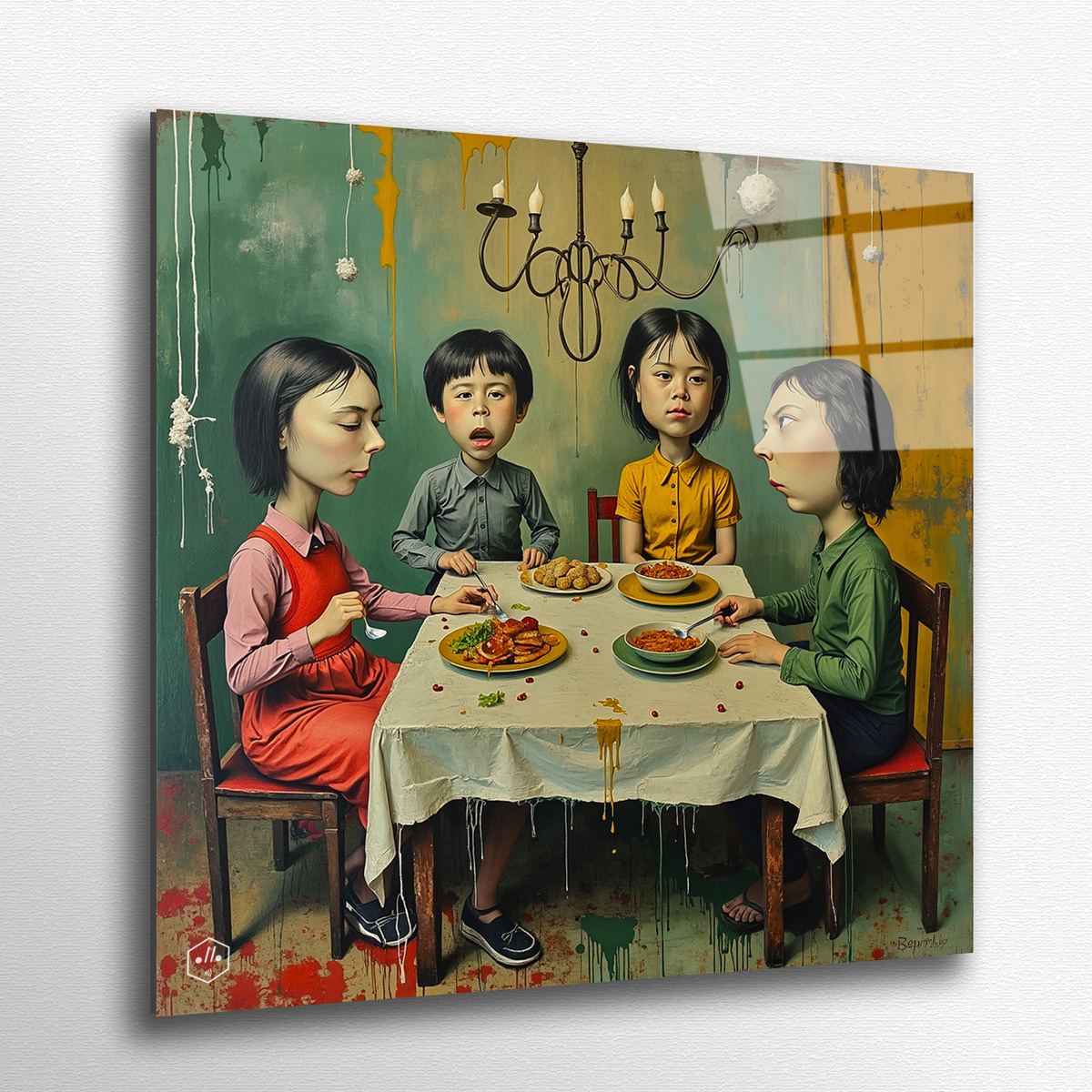 A family crammed at a crooked table, eating collaged meals.