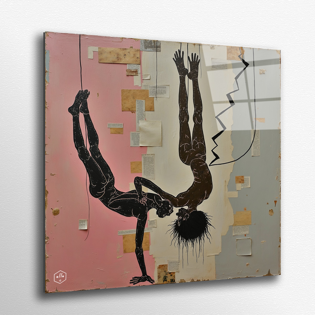 Two crooked silhouettes stacked like puppets, drawn in childish chaos.