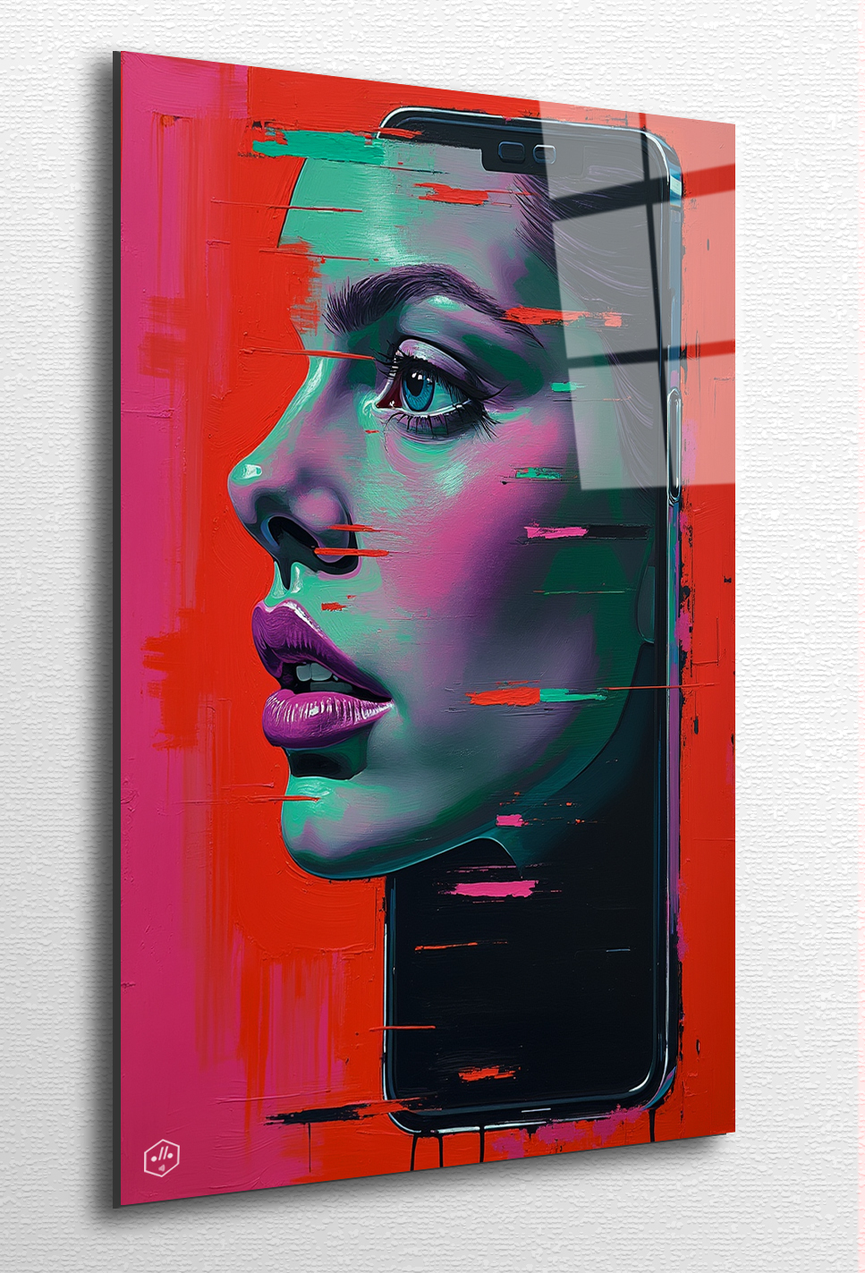 A phone-shaped void swallowing a fragmented face.