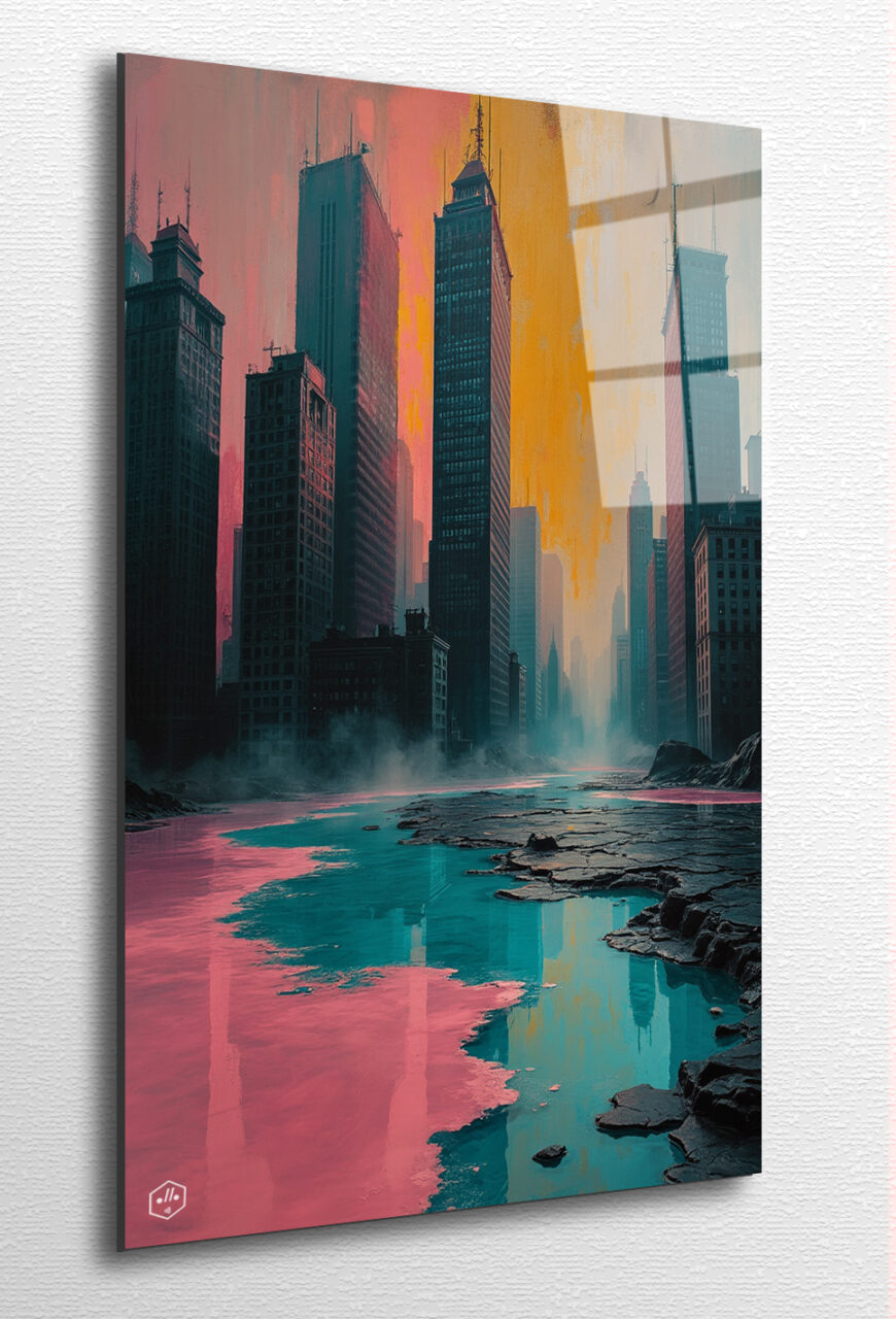 A cityscape dissolving into liquid emotion, windows weeping color.