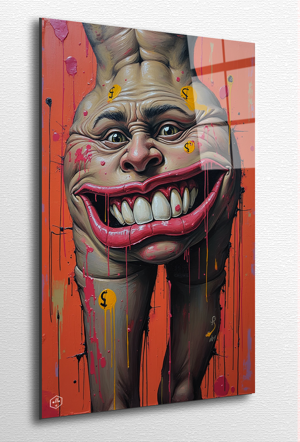 A distorted face grinning too wide, branded with symbols of consumption.